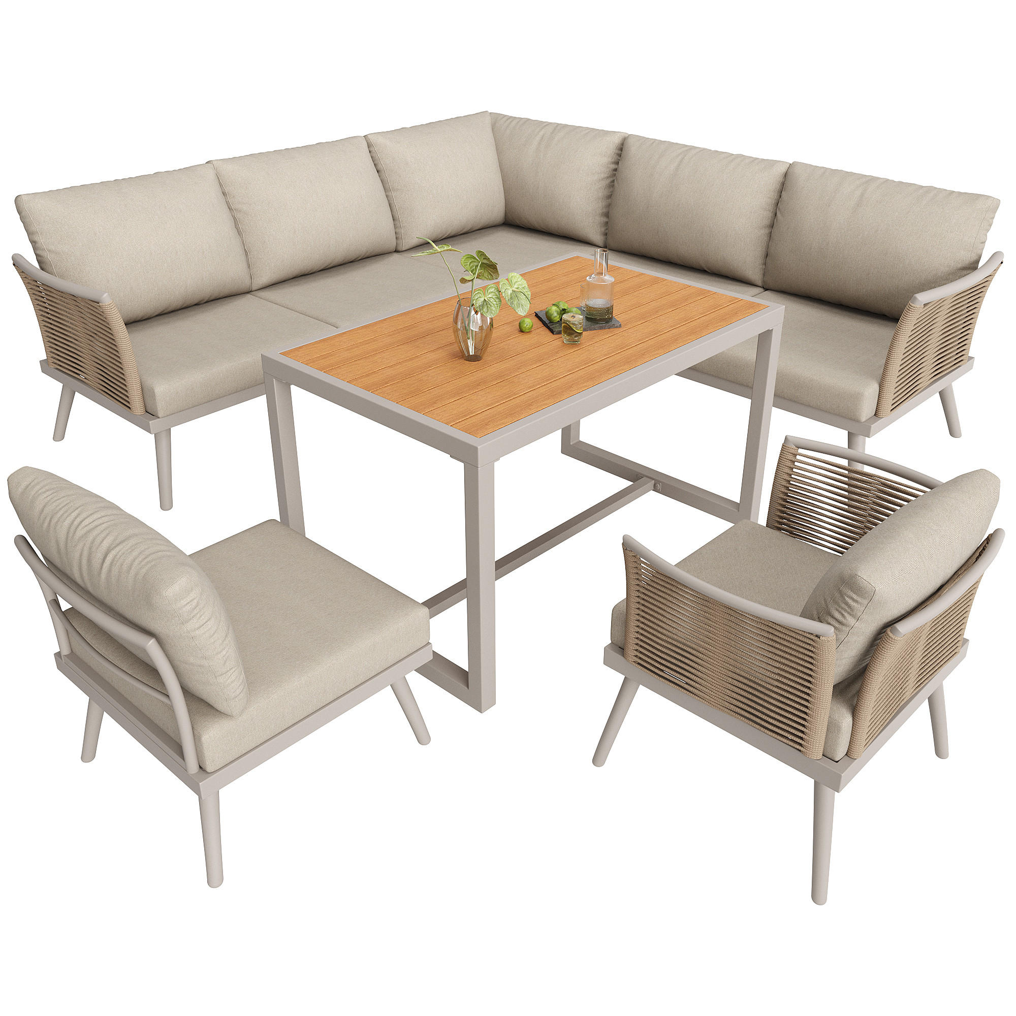 GARTENSET L-Form 7 Personen Grau/Beige Mit Holztisch - Beige, Metall - FLIEKS