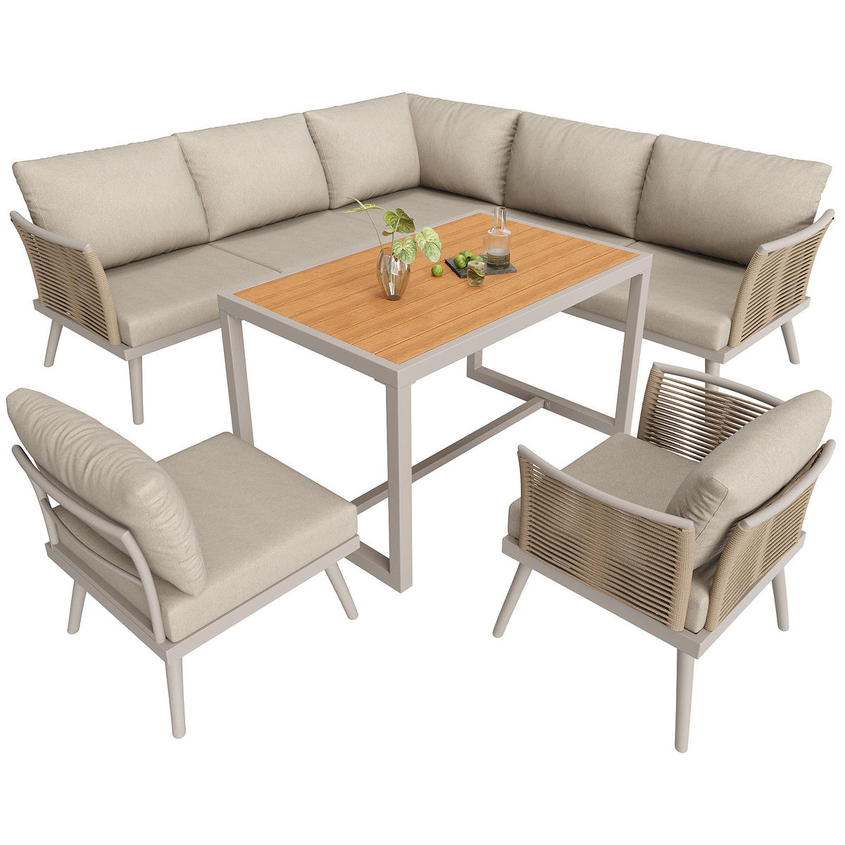 GARTENSET L-Form 7 Personen Grau/Beige Mit Holztisch - Beige, Metall - FLIEKS