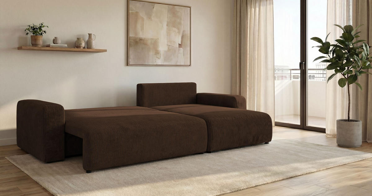 ROHOVÁ pohovka BERLIN pravá hnědá manšestr Poso 6 - funkce spaní, úložný prostor - hnědá, textil (285/184cm) - Cornero