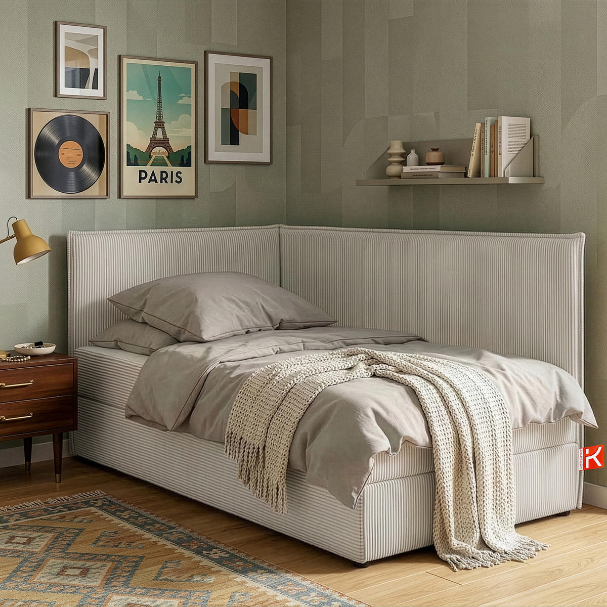 JUGENDBETT ROTI Einzelbett mit Bettkasten, 90x200cm, Bett mit Bonellmatratze, mit Rückenlehne - Creme/Schwarz, Holz/Holzwerkstoff (92/200cm) - KONSIMO®