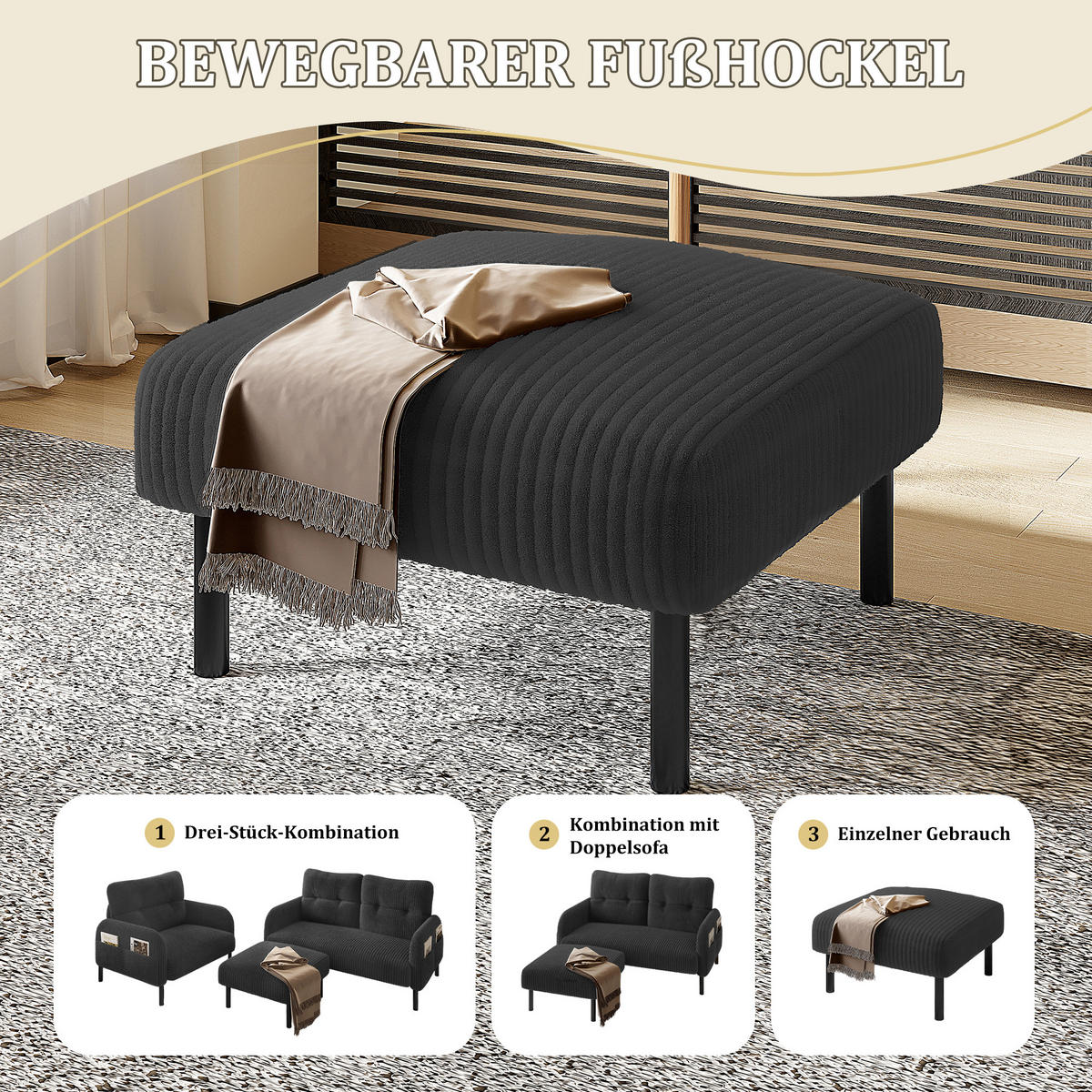 HOCKER Fußhocker Cord,Grau - Grau, Textil (56/39/51cm) - LVHOM