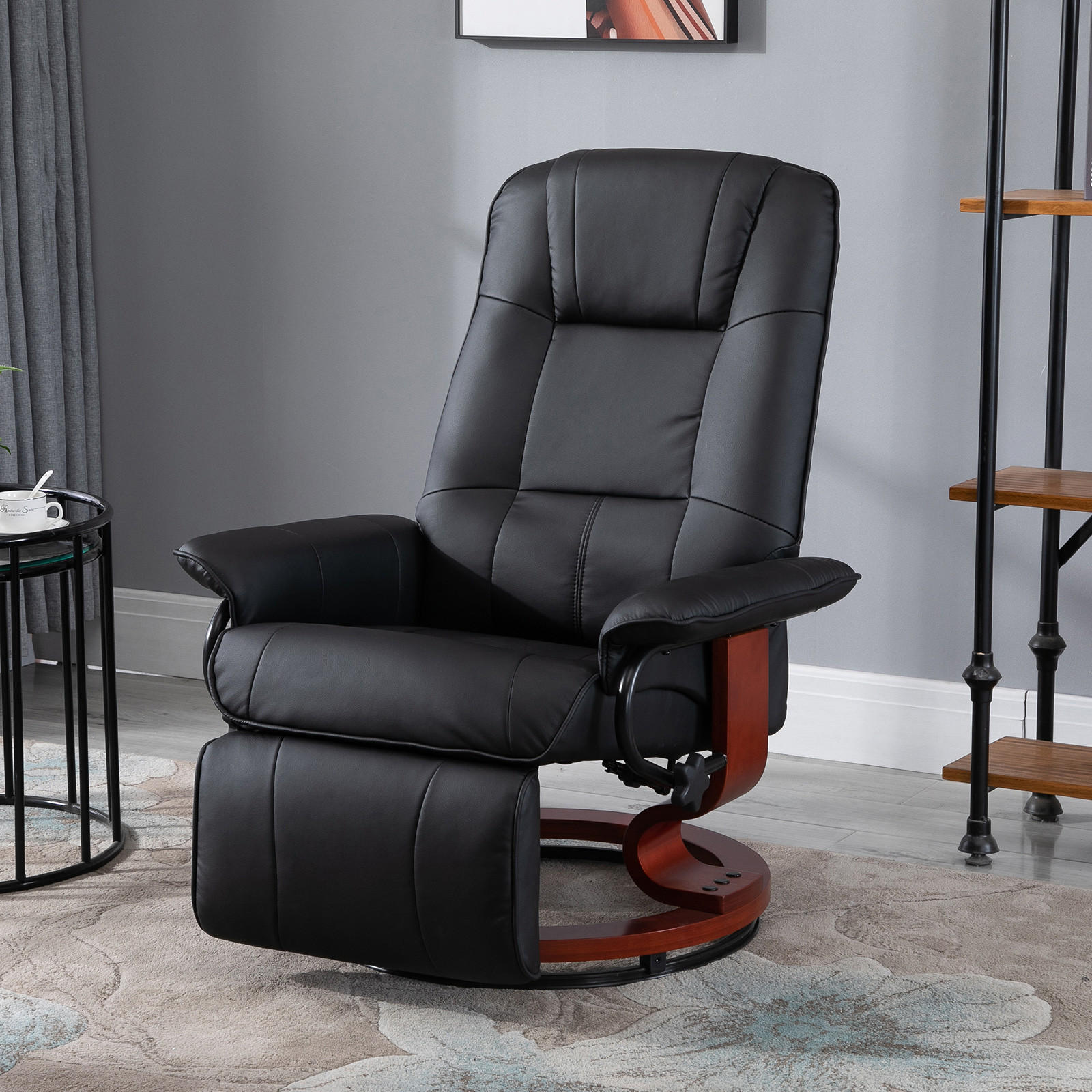 FERNSEHSESSEL Relaxsessel Liegesessel Kunstleder 360° Drehstuhl Holzfuß neigbar - Schwarz/Braun, Leder/Holz (87/100/78cm) - HOMCOM