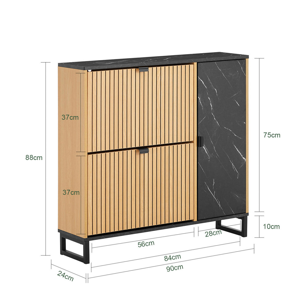 SCHUHSCHRANK Schmal, Holzoptik & Schwarz mit Marmor - Naturfarben, Holzwerkstoff (90/88/24cm) - SoBuy