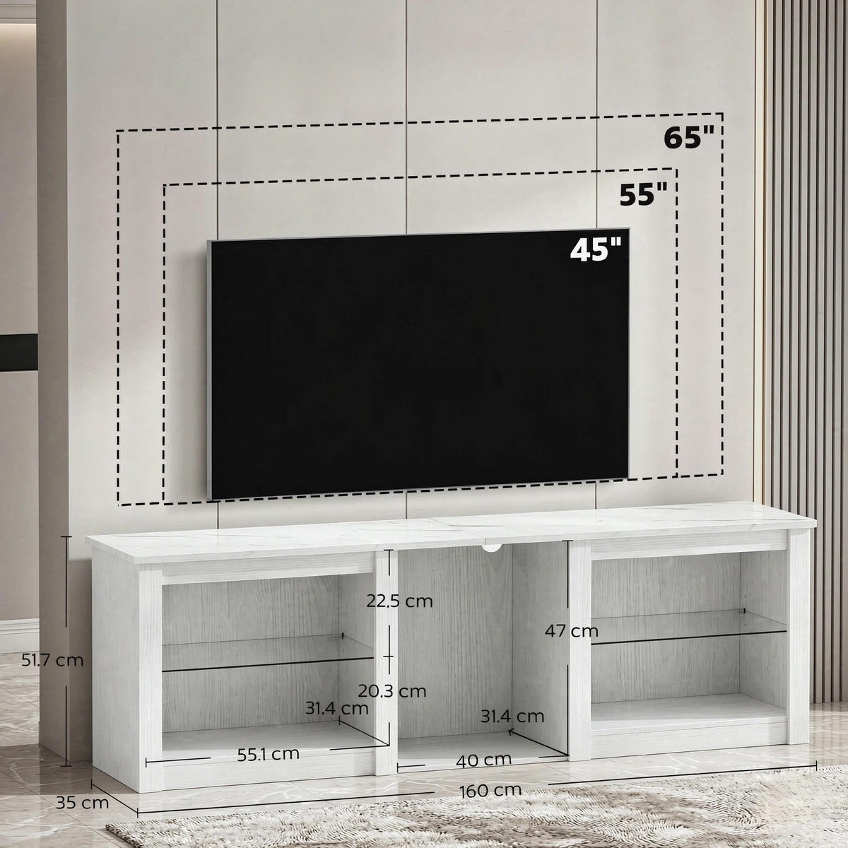 TV-SCHRANK 160/35/51.7 cm Weiß mit LED-Beleuchtung und verstellbaren Glasregalen - Weiß, Holzwerkstoff (160/51.7/35cm) - Oxeza