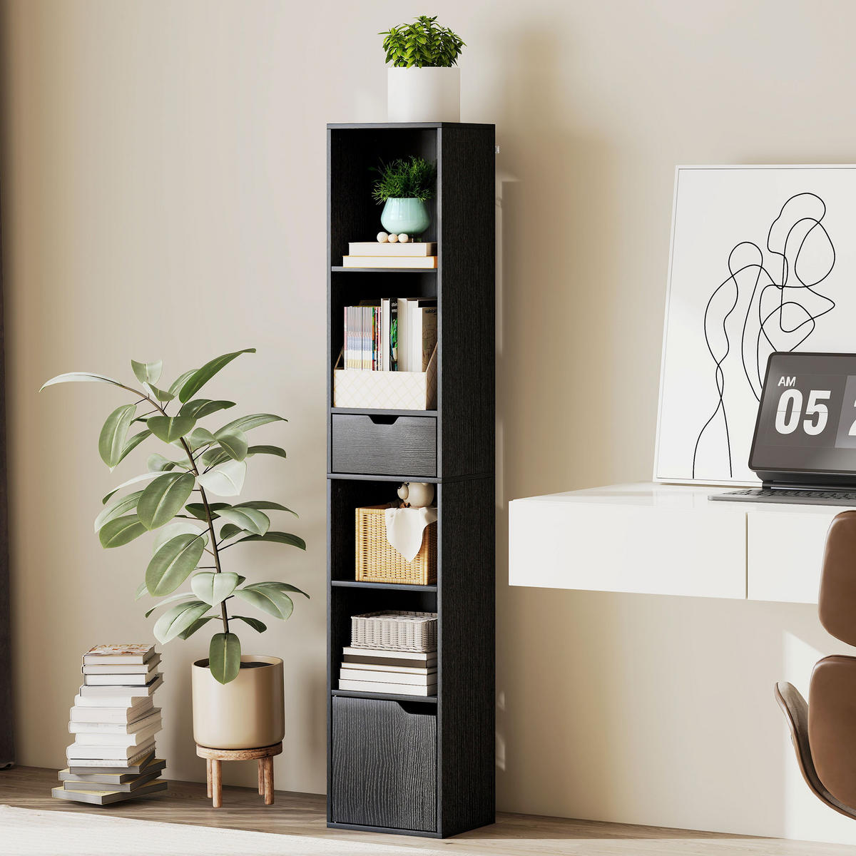 BÜCHERREGAL,4 Ablagen Schrank Schublade 30x24x158cm,schwarz - Schwarz, Holzwerkstoff (30/158/24cm) - Vallsero