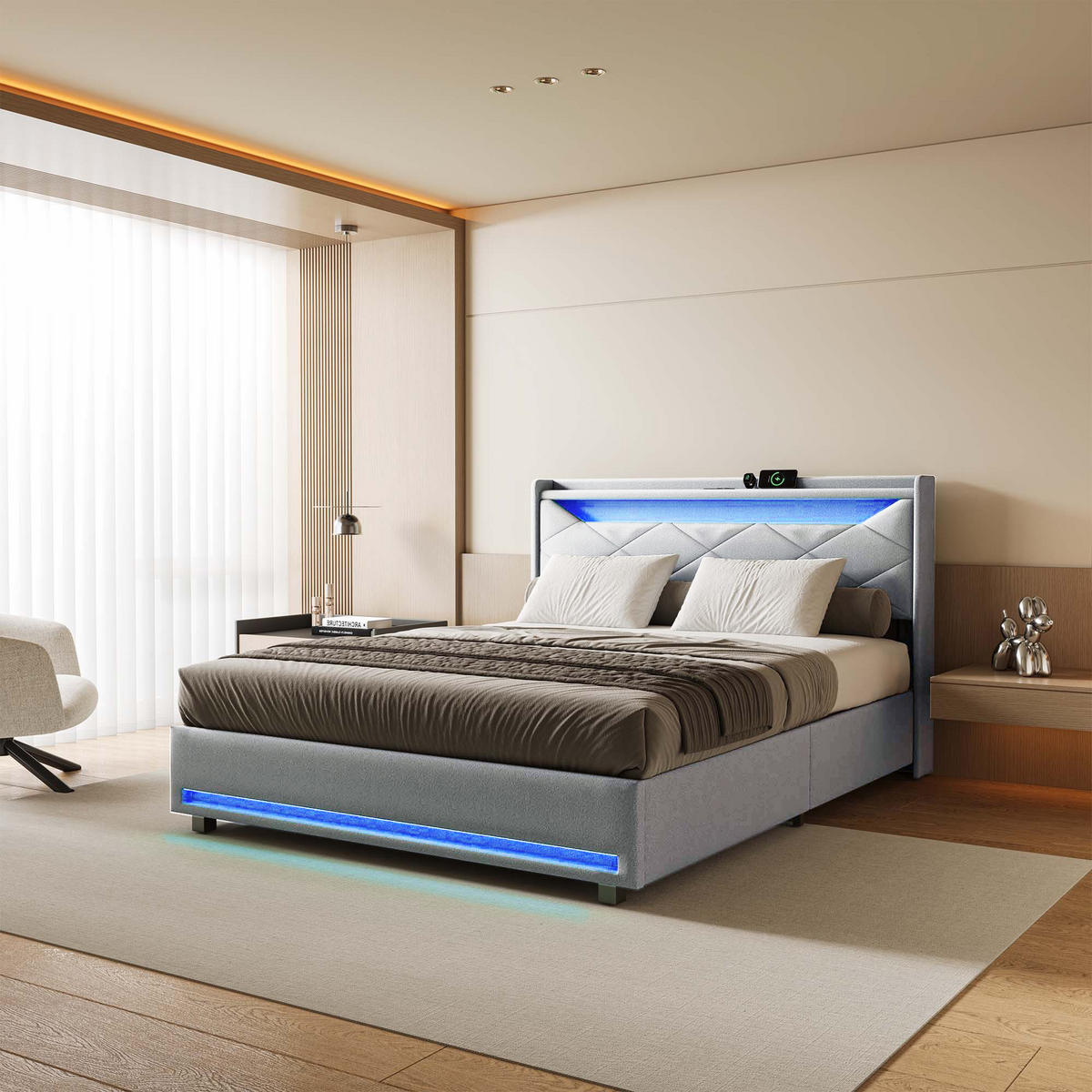 POLSTERBETT 140x200 cm Grau mit LED，USB-Anschluss &Stauraum - Grau, Holz/Textil (140/200cm) - PARAFTA HOME