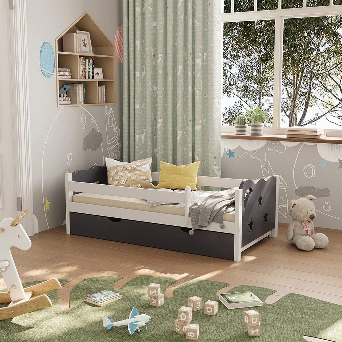 KINDERBETT Jessica Grau 70x140 cm mit Schublade, ohne Matratze - Weiß/Grau, Holzwerkstoff (146/53/76cm) - VitaliSpa