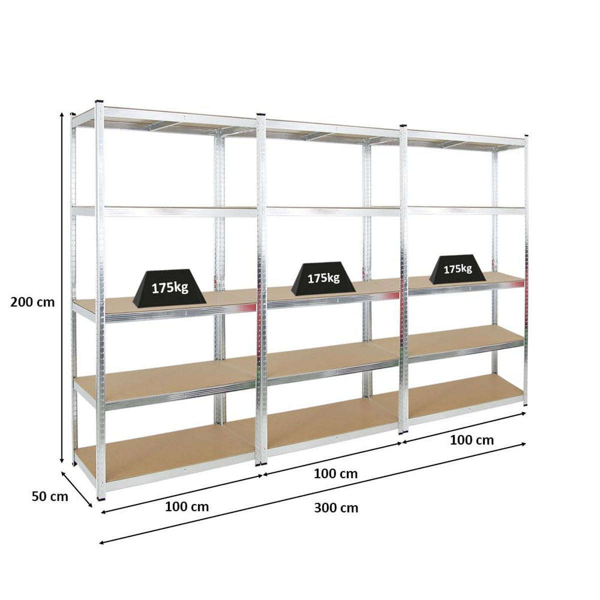 SCHWERLASTREGAL Giant Ragnar 3er-Set mit 3x 200x100x50 cm Fachlast 175 kg Verzinkt - Silberfarben, Metall (300/200/50cm) - PROREGAL