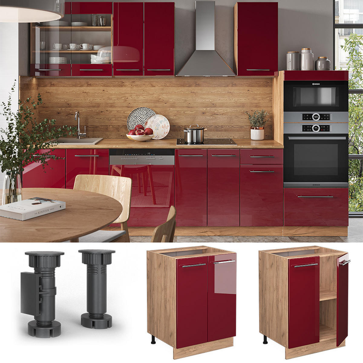 KÜCHENUNTERSCHRANK Fame-Line Bordeaux Hochglanz 60 cm, AP Anthrazit - Honigeiche/Bordeaux, Holzwerkstoff (60/82/60cm) - Vicco