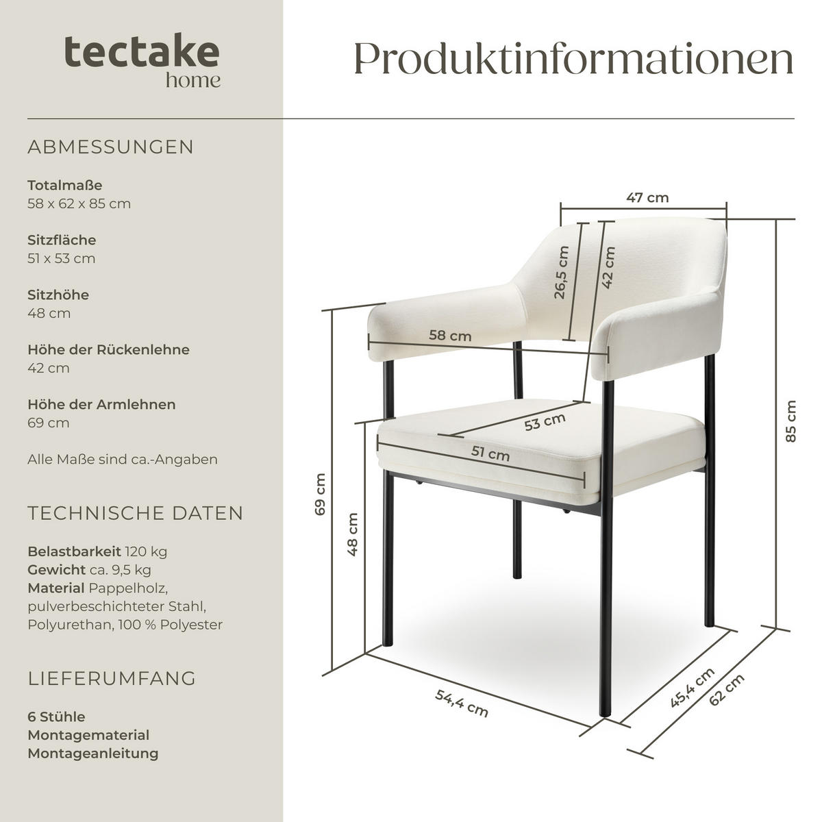 ARMLEHNSTUHL 6er Set Doé 58 x 62 x 85 cm Webstoff off-white/schwarz - Schwarz/Weiß, Textil (58/85/62cm) - tectake