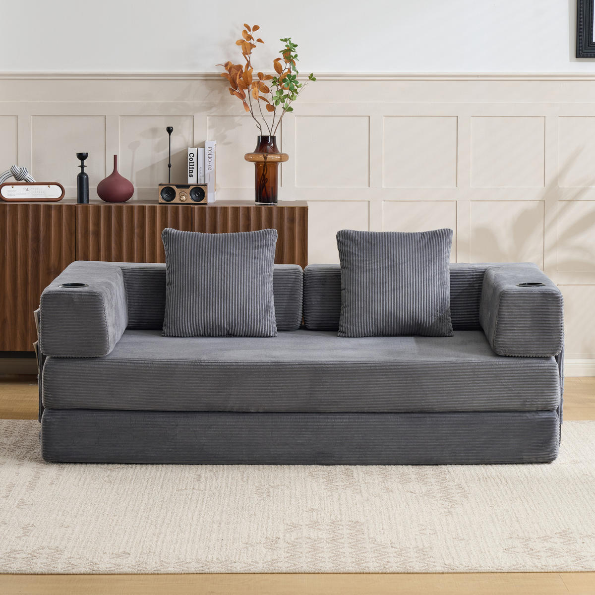 SCHLAFSOFA DE-33515 faltbar mit Becherhalter Dunkelgrau - Dunkelgrau, Textil (185/60/92.5cm) - ComfortXL