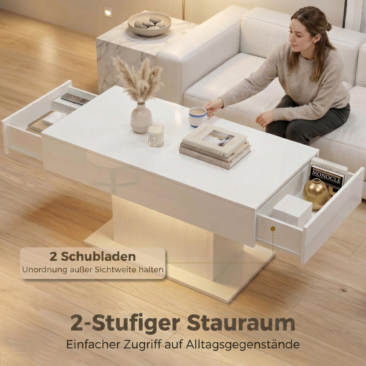COUCHTISCH DE-37204 mit LED und 2 Schubladen Weiß - Weiß, Holzwerkstoff (108/48/55cm) - ComfortXL