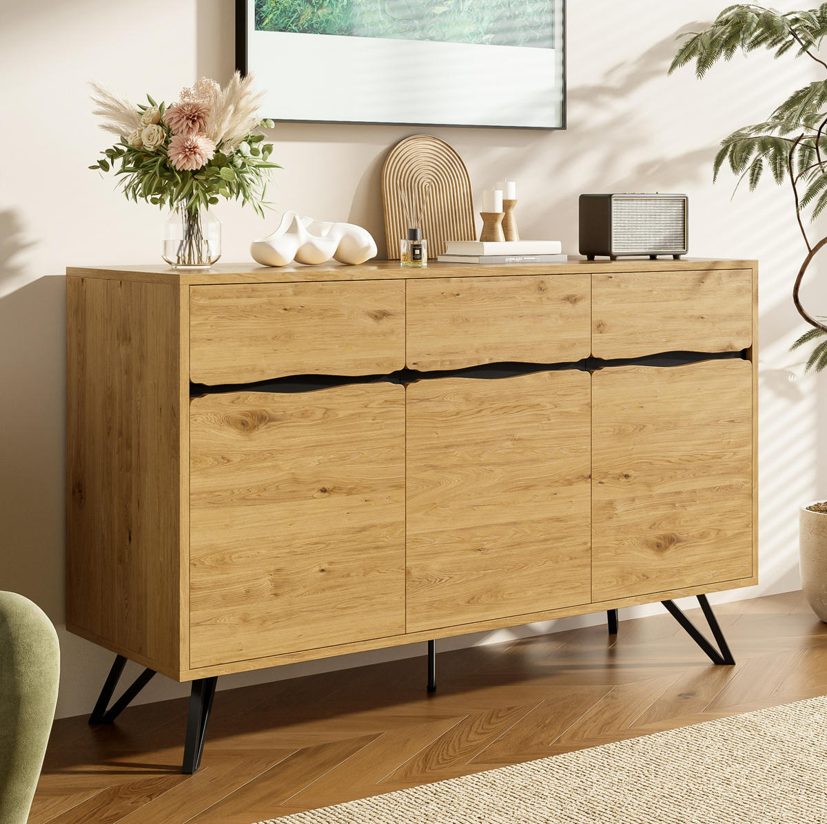SIDEBOARD 140/40/75.5 cm Schwarz/Holzfarbe aus Spanplatte mit Metallbeinen - Naturfarben, Holzwerkstoff (40/75.5/140cm) - OKMYHOME