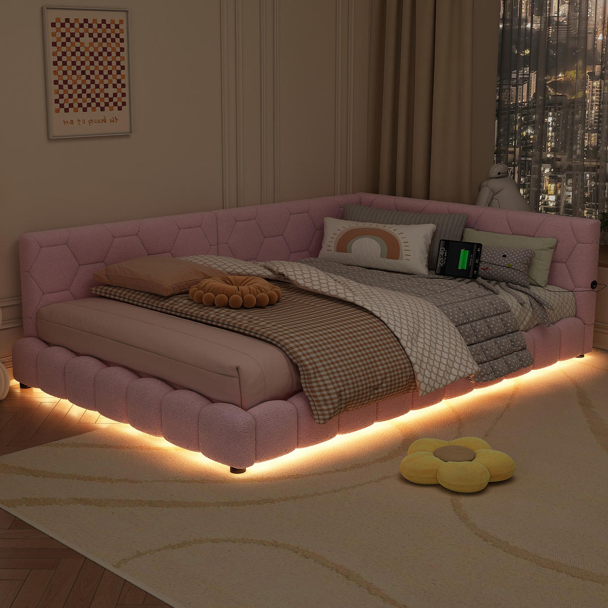 TAGEBETT 140x200cm Rosa Vliesimitat 16 Farben Umgebungslicht USB-C - Pink, Holz (140/200cm) - FLIEKS