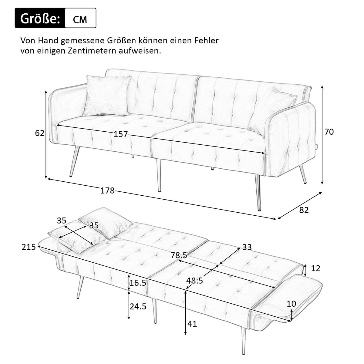 SOFA Zweisitzer Sofabett Velours Verstellbare Lehne Großzügig Schlaffunktion - Grau, Holz (89.92/18.03/80.52cm) - FLIEKS