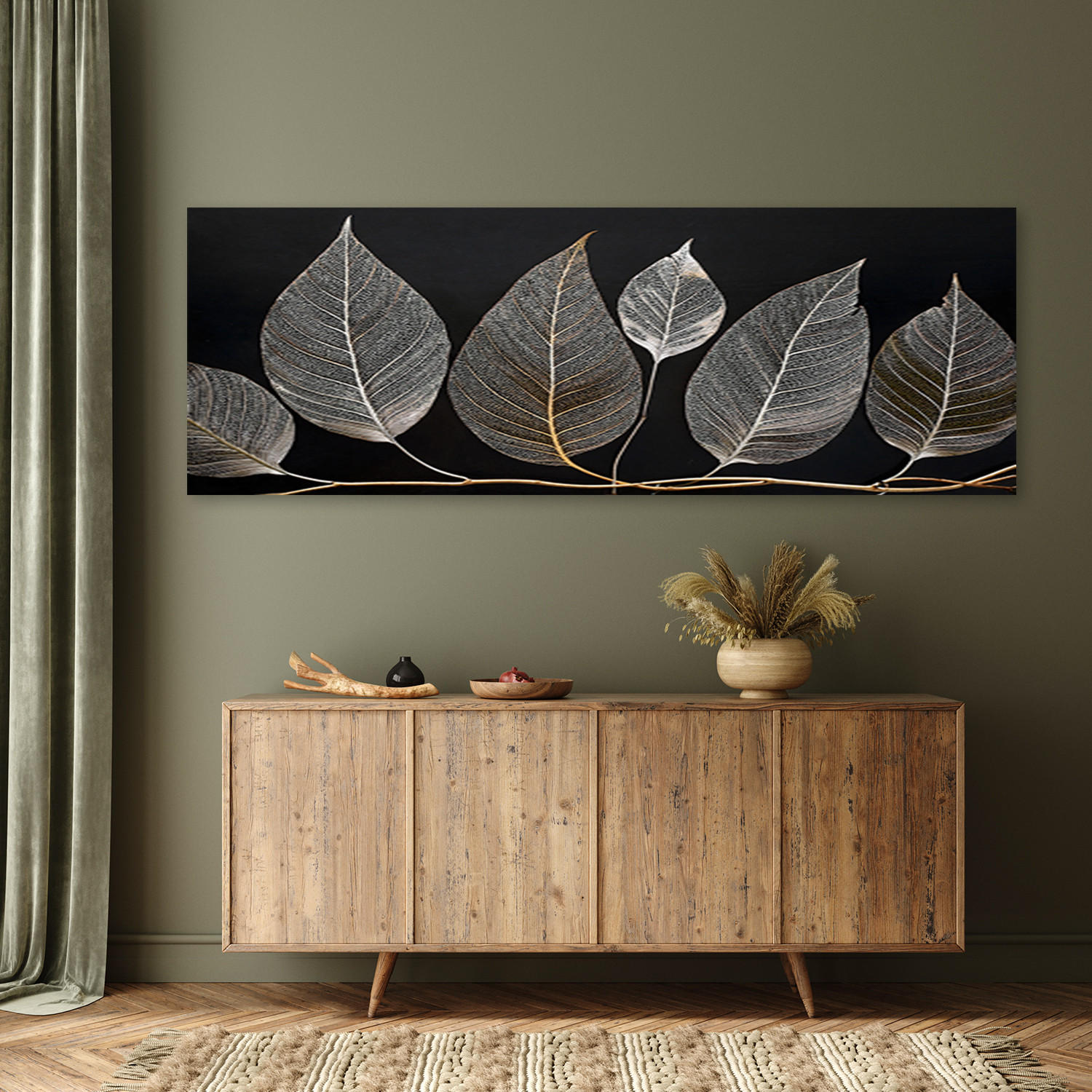 WANDBILD minimalismus hinterlässt zweig glamour silber - Silberfarben, Textil (90/30cm) - Feeby