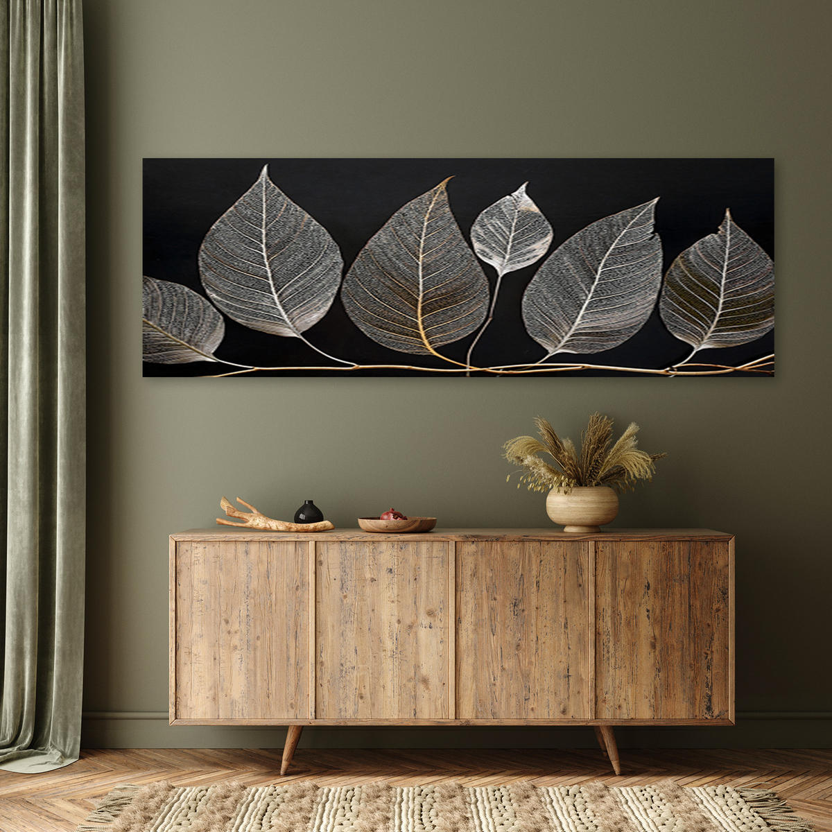 WANDBILD minimalismus hinterlässt zweig glamour silber - Silberfarben, Textil (90/30cm) - Feeby