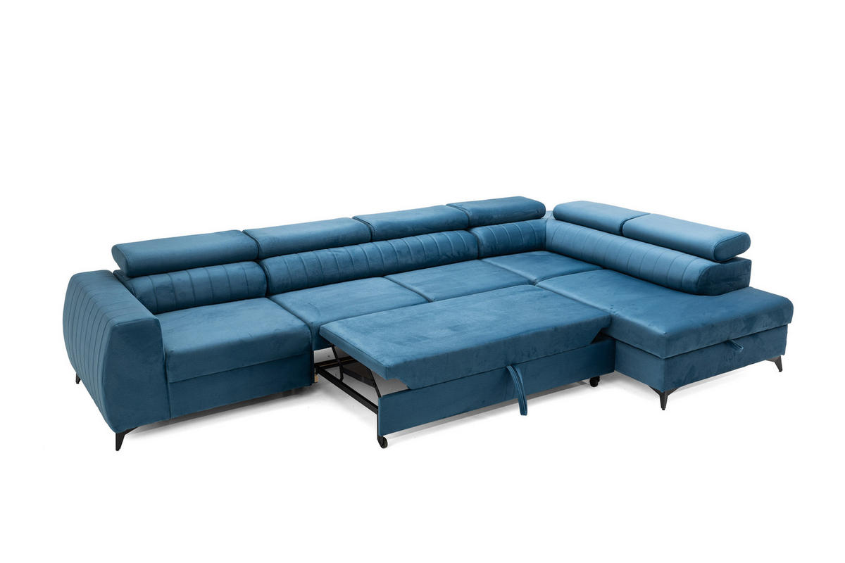 ECKSOFA PIERO MAXI Rechts mit Schlaffunktion 195x125 Velours Blau - Blau/Schwarz, Holz/Textil (203/350cm) - Muffo