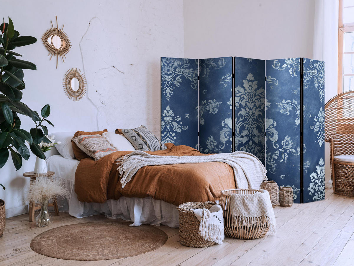 PARAVÁN Akustický 5-dielny 225x172 cm Glamour Ornamenty - modrá, drevo/textil (225/172/3cm) - Muralo