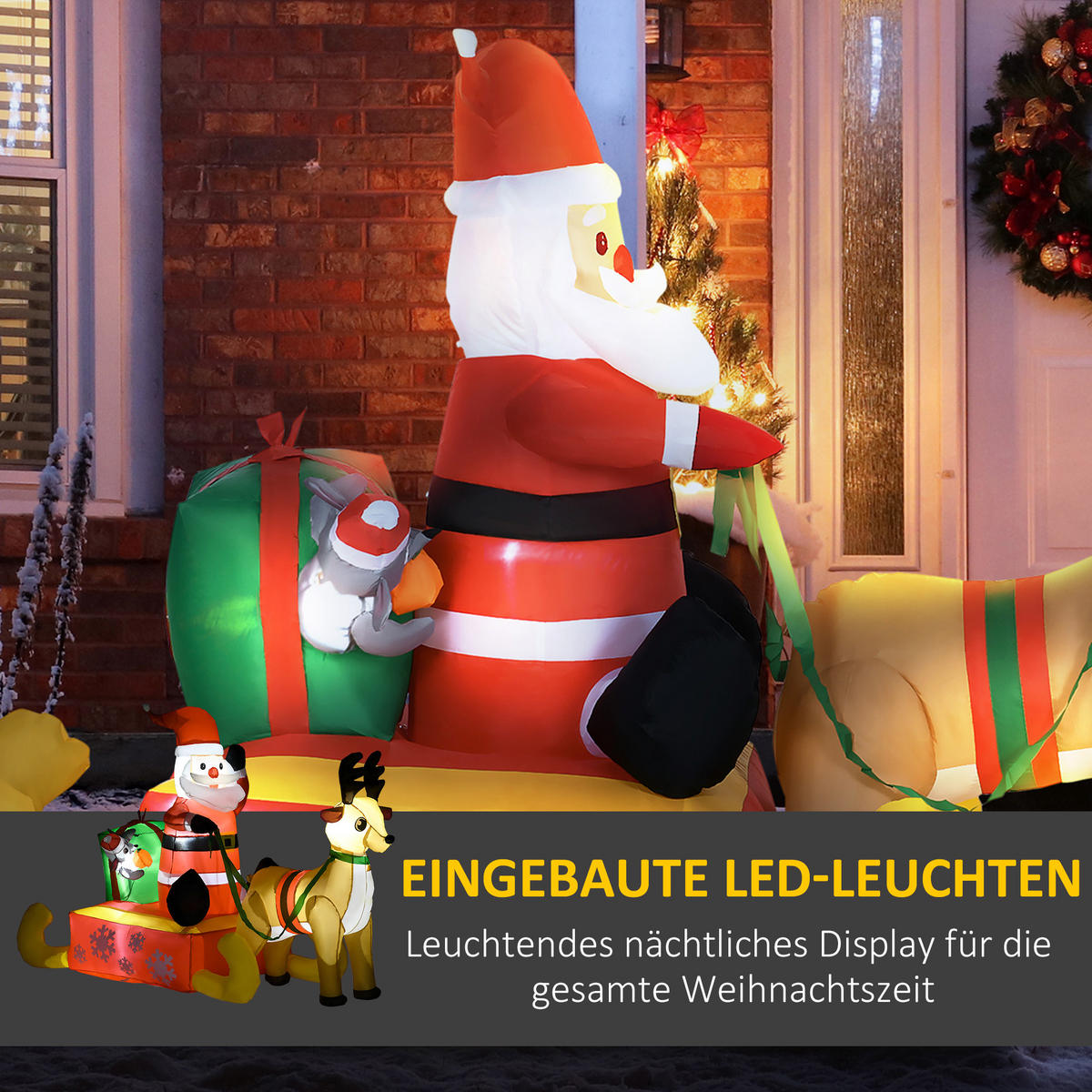 AUFBLASBARE Weihnachtsdeko, Weihnachtsmann mit Schlitten und Rentier, mit LED-Lichtern, für den Garten - Rot, Kunststoff (72/122/190cm) - HOMCOM