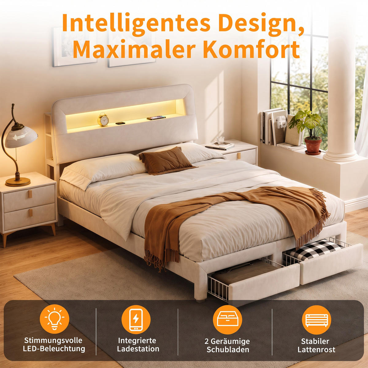 POLSTERBETT 140x200 cm, USB und LED, mit 2 Schubladen, Doppelbettrahmen 140x200 cm, Samt in Cremeweiß - Beige, Holzwerkstoff/Textil (140/200cm) - GENKI LIVING