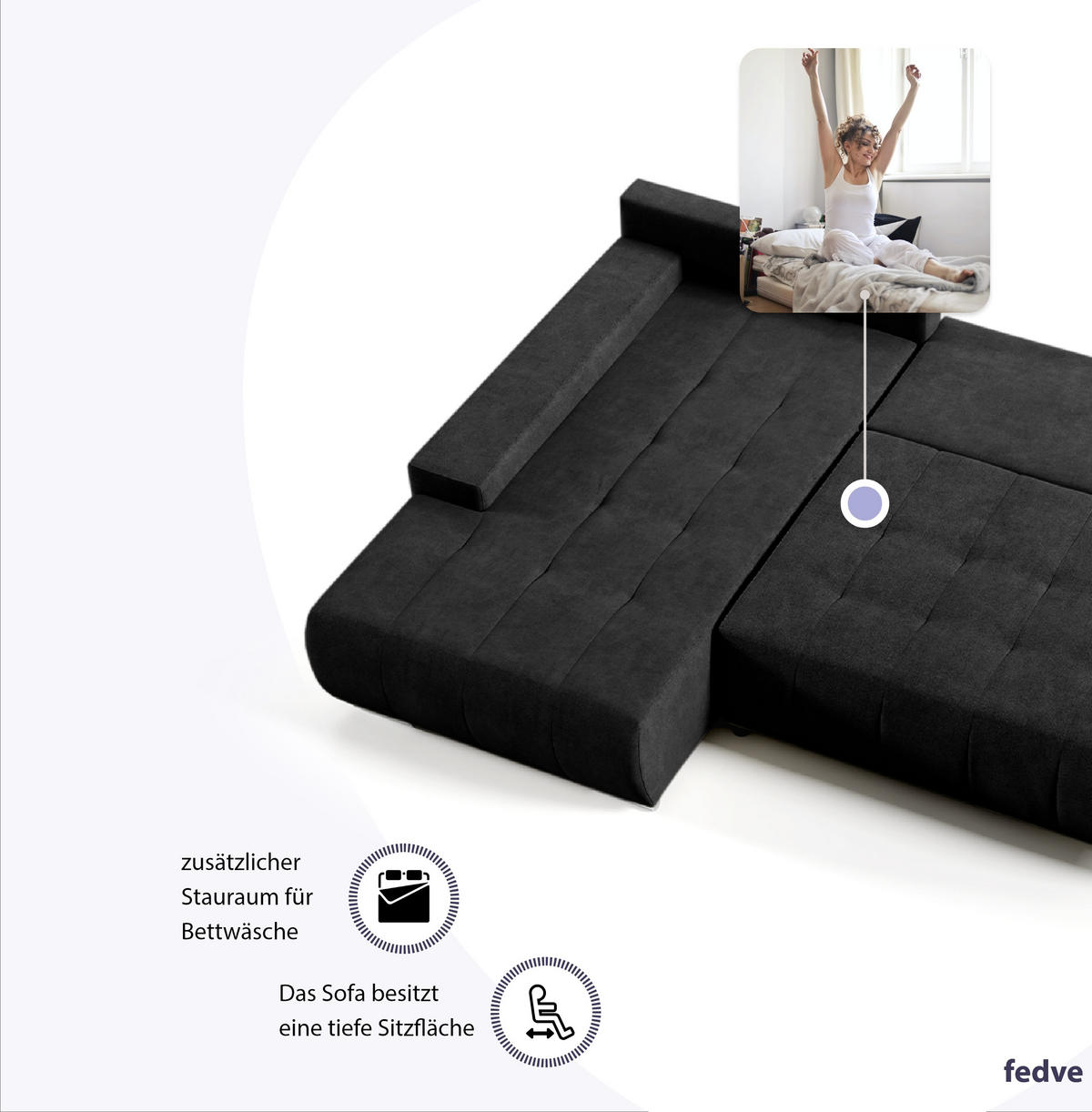 ECKSOFA mit Schlaffunktion Dhaka L, Schwarz - Schwarz, Textil (185/265cm) - Fedve