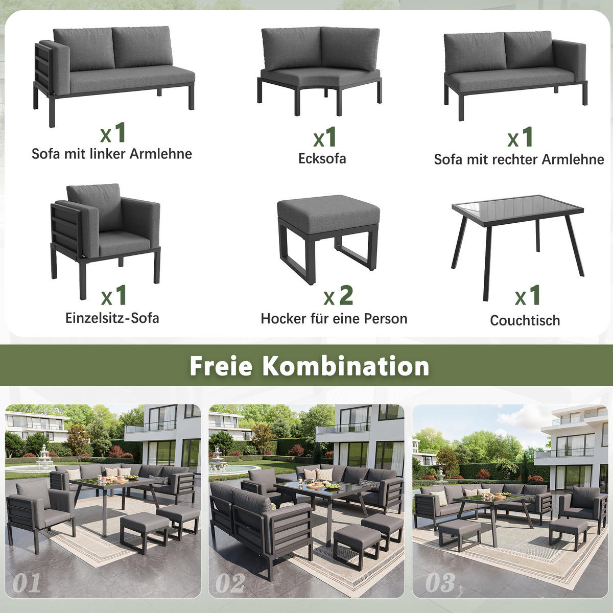 GARTENLOUNGE-SET mit Stahlrahmen & Glastisch, 3 Sofas, Sessel, 2 Hocker, 114/60/77 cm, Grau - Grau, Metall - Redom