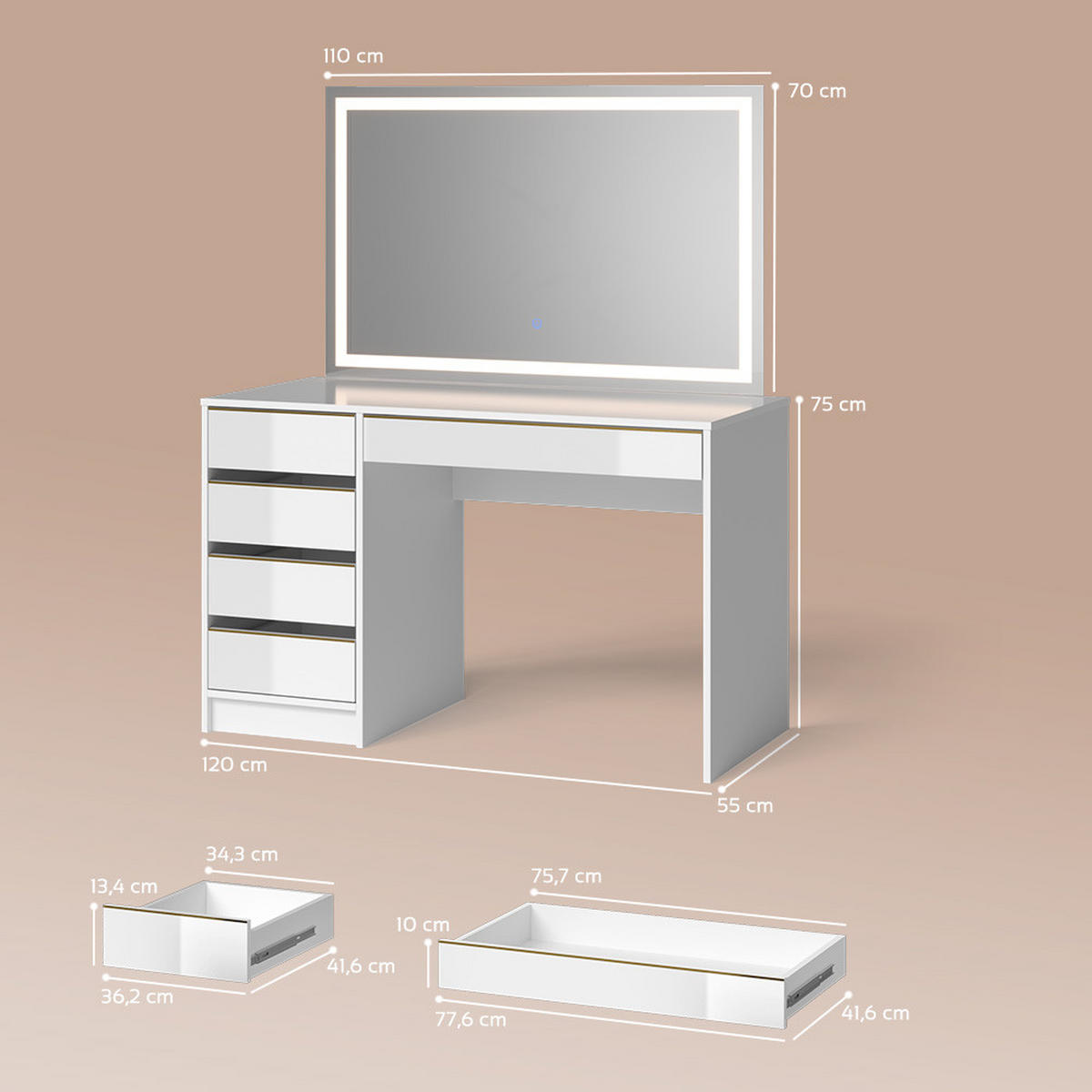 SCHMINKTISCH Imola Weiß/Gold 120 cm mit LED-Spiegel - Goldfarben/Weiß, Holzwerkstoff (120/75/55cm) - Livinity®