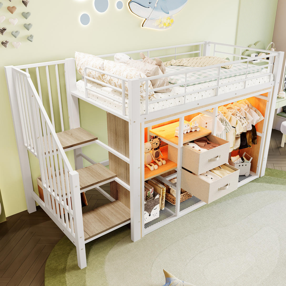 HOCHBETT Kinderbett 90/200 cm aus Metall und MDF mit LED-Beleuchtung und Stauraum Weiß - Weiß, Metall (90/200cm) - Modenvie