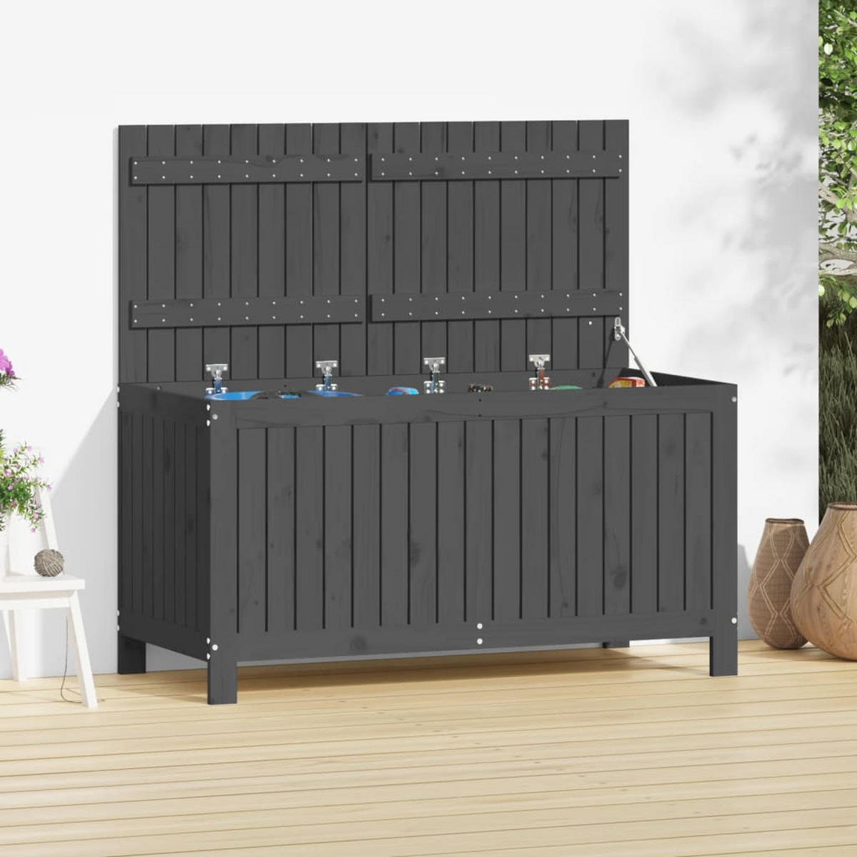 GARTENTRUHE Grau 121x55x64 cm Massivholz Kiefer - Grau, Holz (121/64/55cm) - furnicato