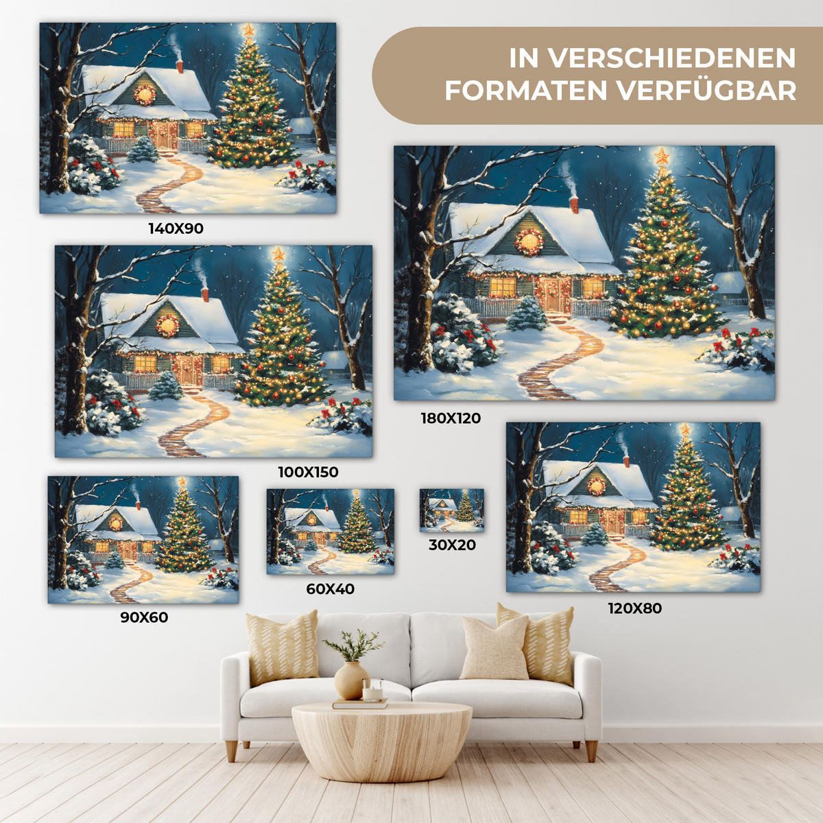 LEINWANDBILD Weihnachten - Weihnachtsbaum - Winter - Zuhause - Schnee Wanddeko 90x60 cm - Smaragdgrün, Textil (90/60cm) - MuchoWow