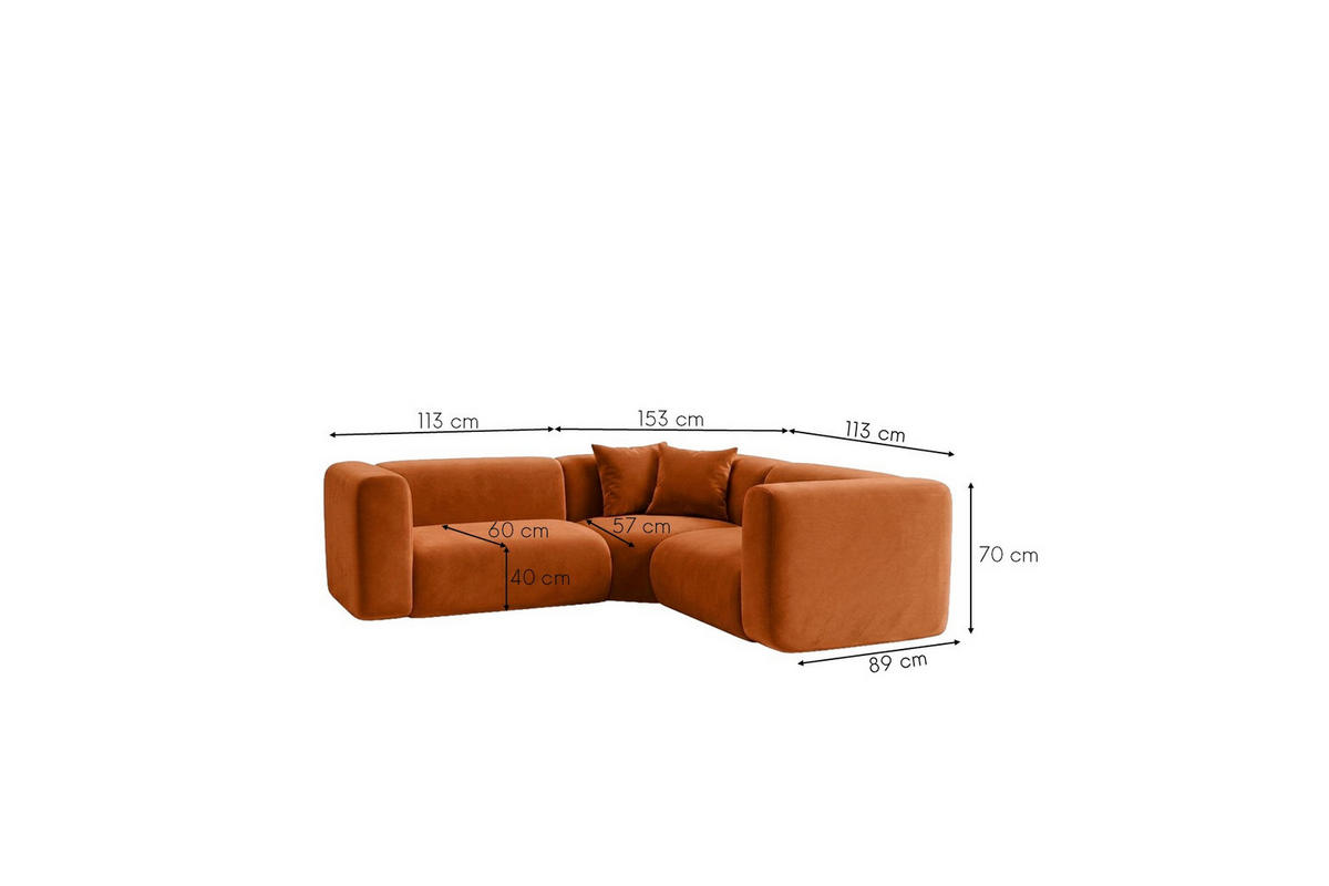 ECKSOFA Modulares, Corner Mini, Velvet-Stoff Bluvel, Zimtfarbe, GRETA - Orange, Holz (190/190cm) - Kaiser Möbel