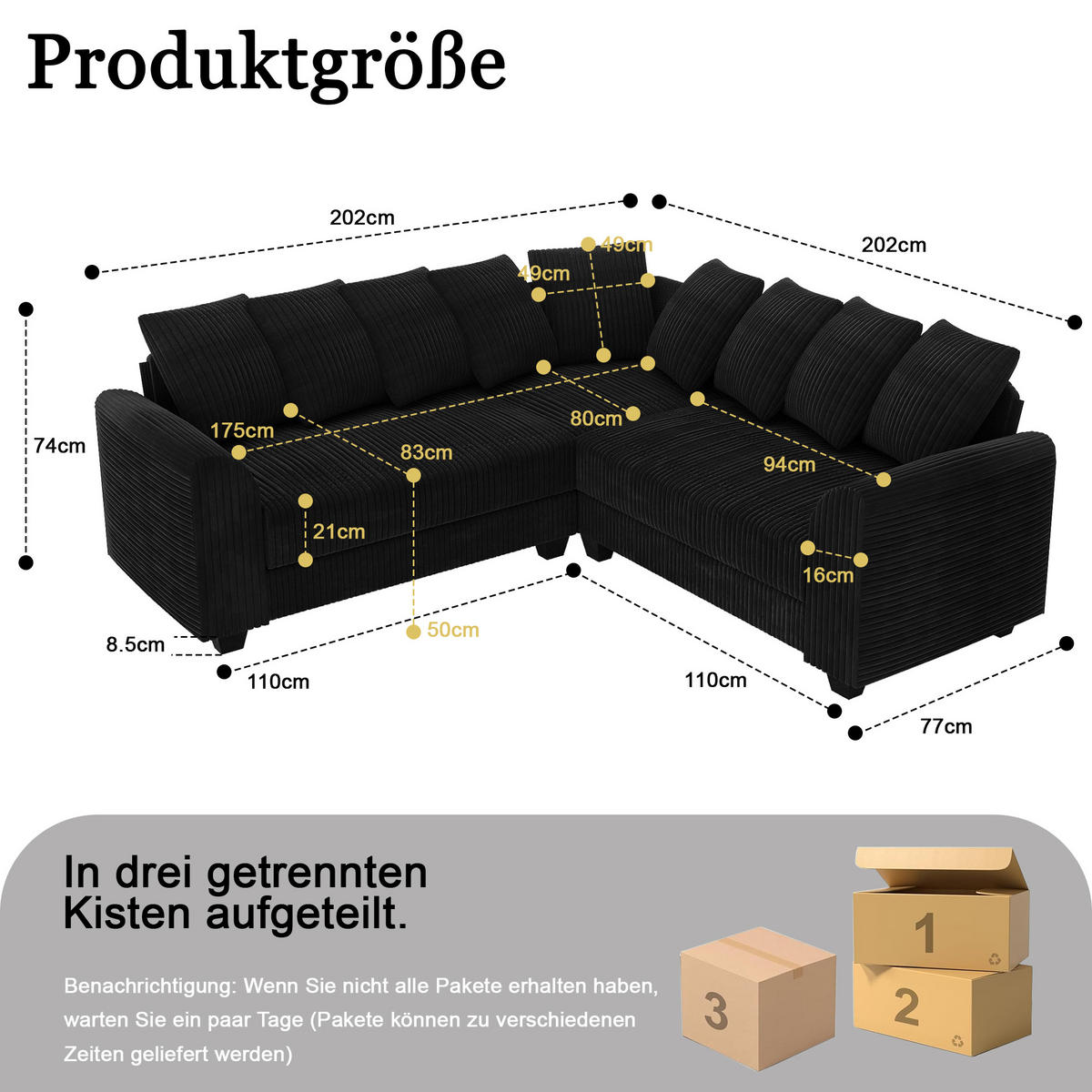 MODULARES L-Ecksofa Cord mit 9 Kissen 202/202/74 cm Schwarz - Schwarz, Textil (202/202cm) - Redom
