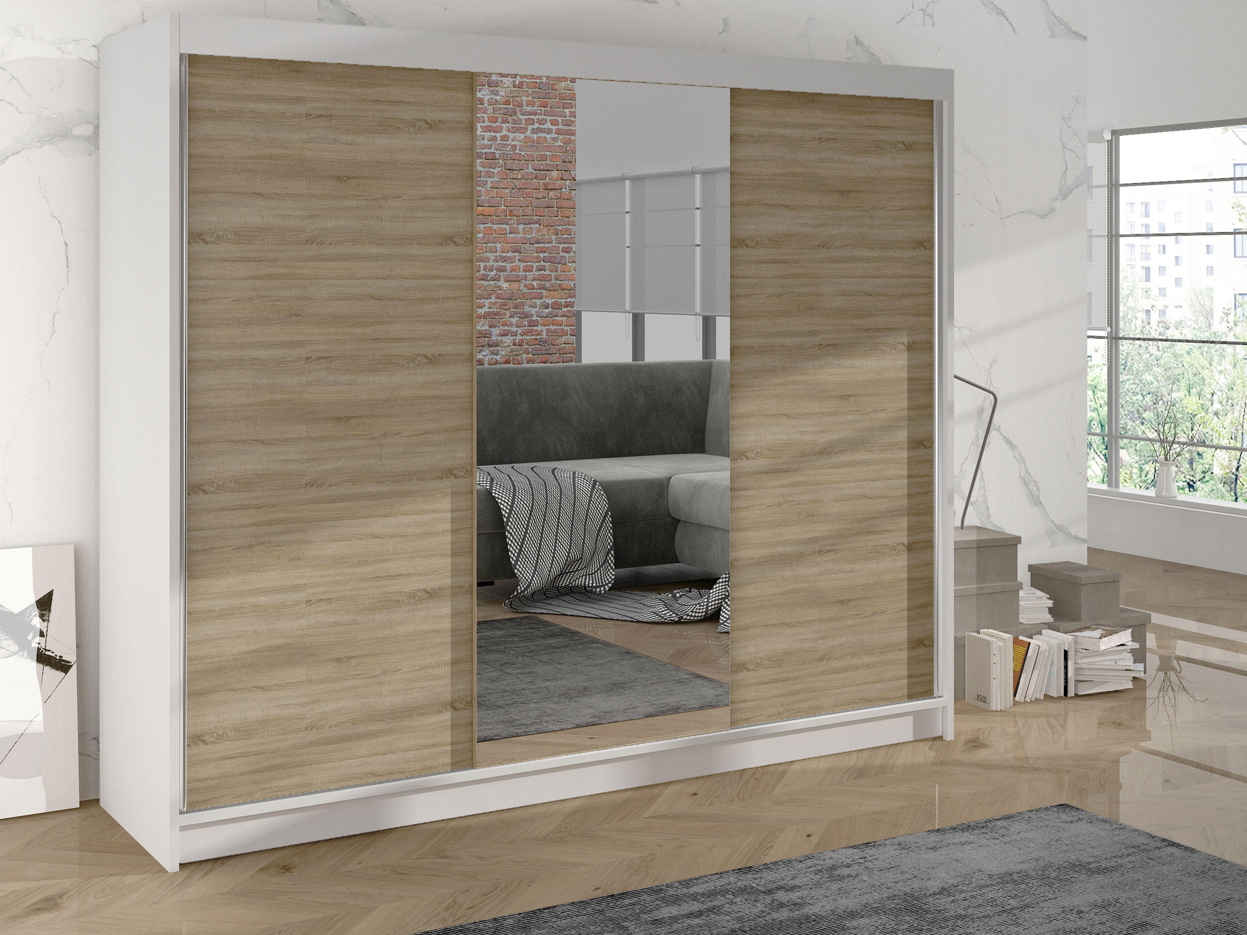 SCHWEBETÜRENSCHRANK Derby I - Beige, Holzwerkstoff/Metall (200/215/58cm) - MIRJAN24