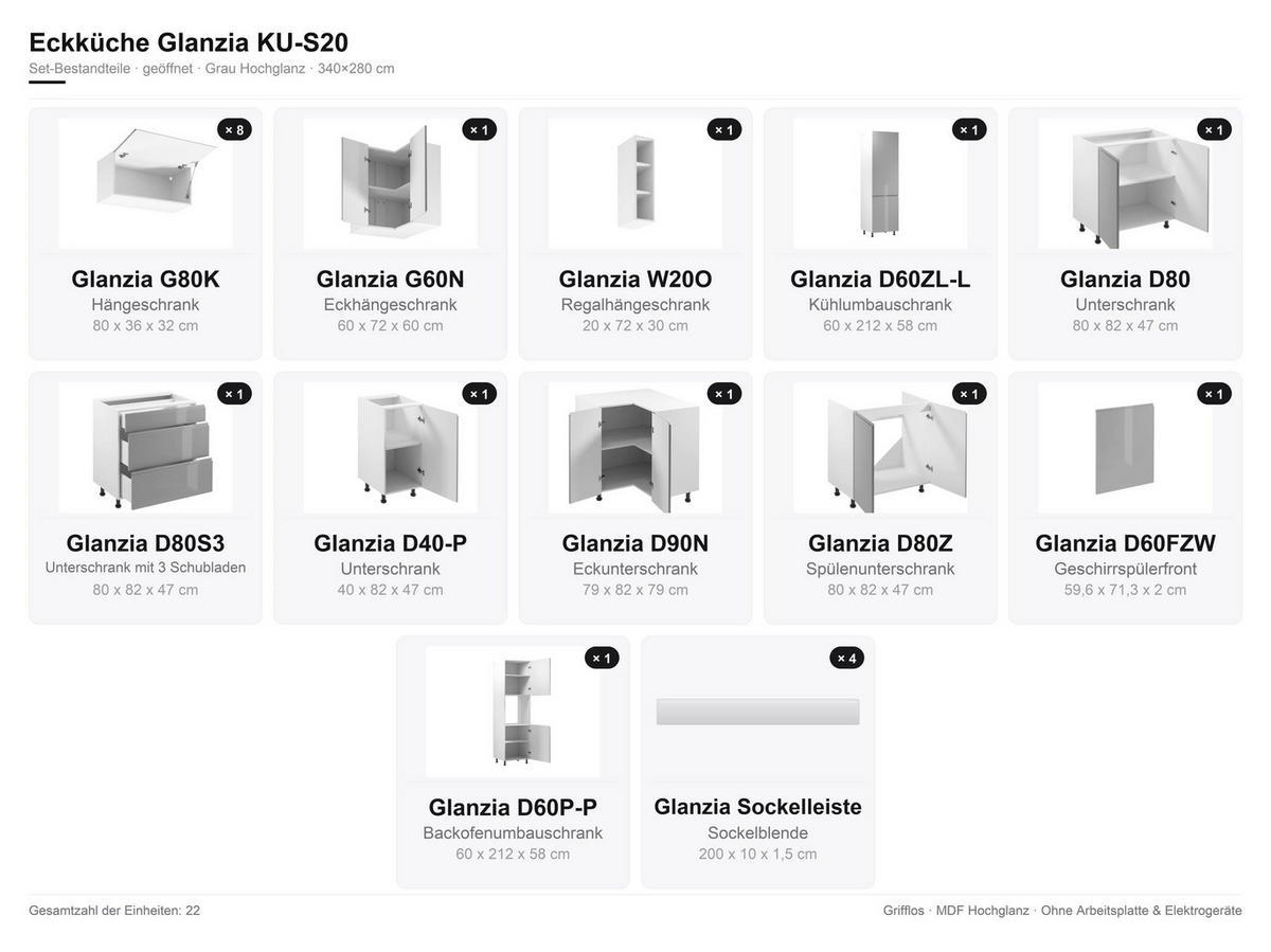ECKKÜCHE - 340x280 cm Glanzia – KU-S20 – Grau Hochglanz - Grau, Holzwerkstoff (340/212/280cm) - hi-markt
