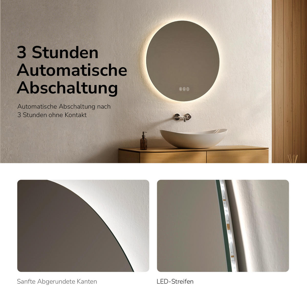 BADSPIEGEL Rund mit Beleuchtung Rahmenlos, 3 Lichtfarben, beschlagfrei, Ø 50 cm - Weiß, Glas (50/3.5/50cm) - EMKE