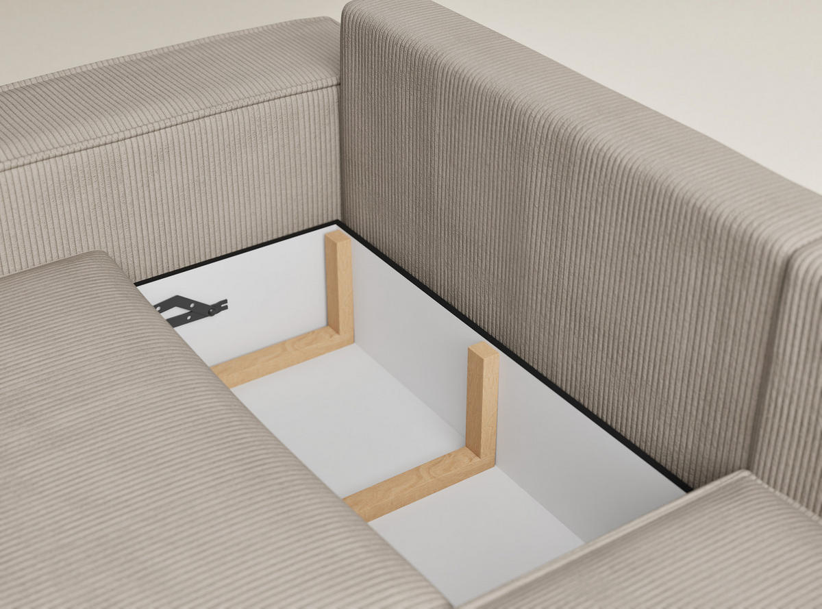 ECKSOFA MIT SCHLAFFUNKTION Tonga Beige Samtstoff - Beige/Schwarz, Holz/Holzwerkstoff (255/105cm) - Maison de Reve