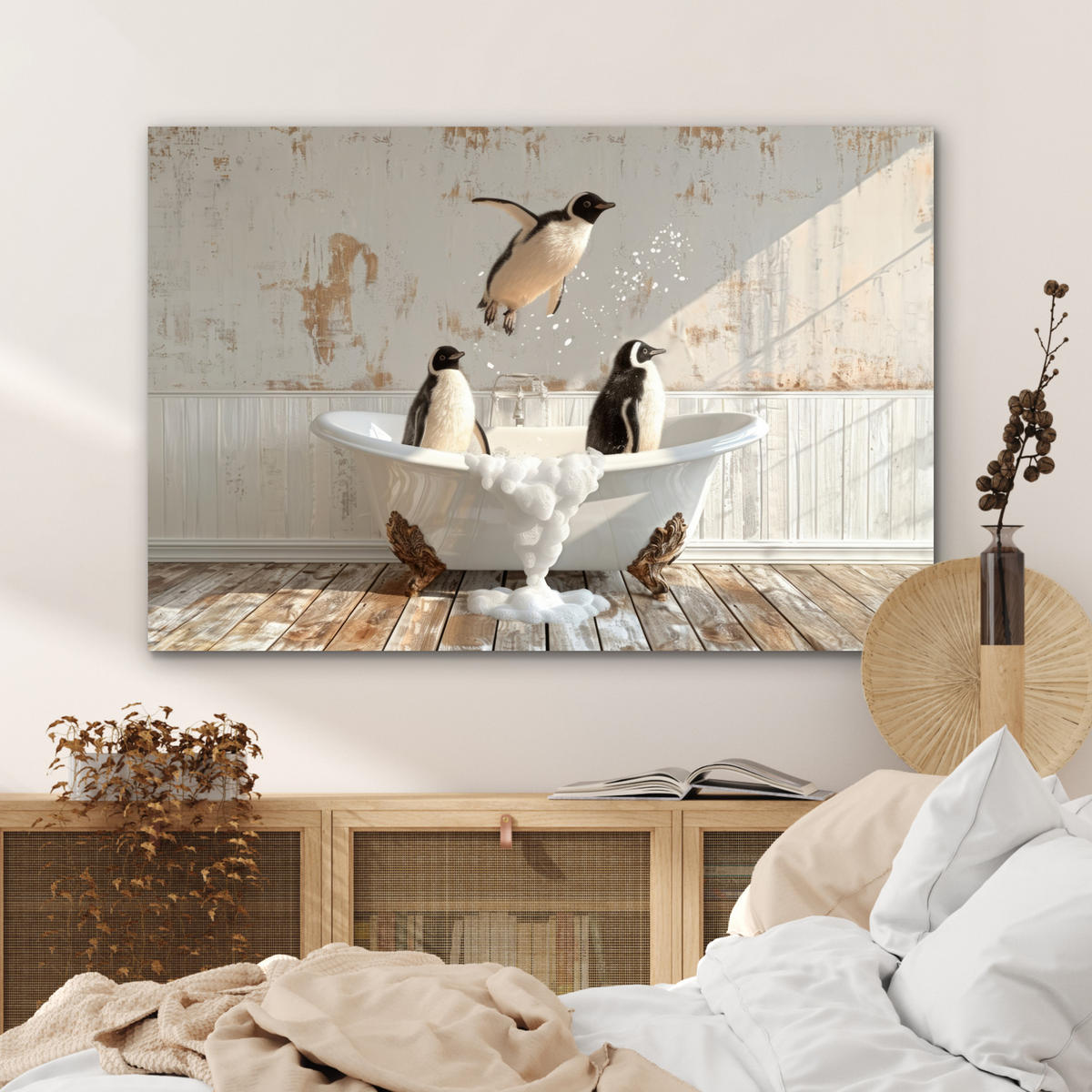 METALLBILD Vintage - Pinguin - Badewanne - Schaumstoff 120x80 cm - Schwarz, Metall (120/80cm) - MuchoWow