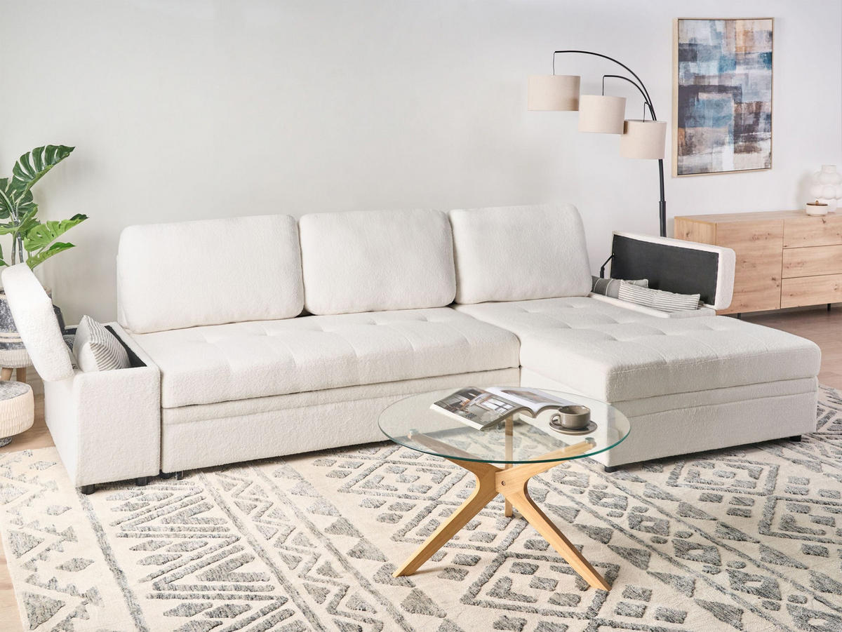 ROZKLÁDACÍ ROHOVÁ POHOVKA 3-místná Bouclé Bílá s úložným prostorem levostranná Hrisey - bílá, textil (293/161cm) - Beliani