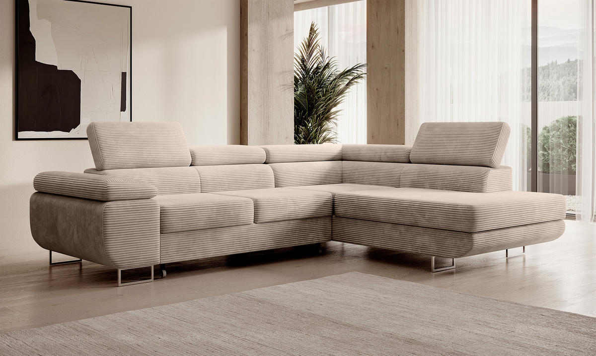 ECKSOFA Stevil Dunkelbeige Cordbezug - Silberfarben/Mokka, Textil/Metall (275/203cm) - Selsey