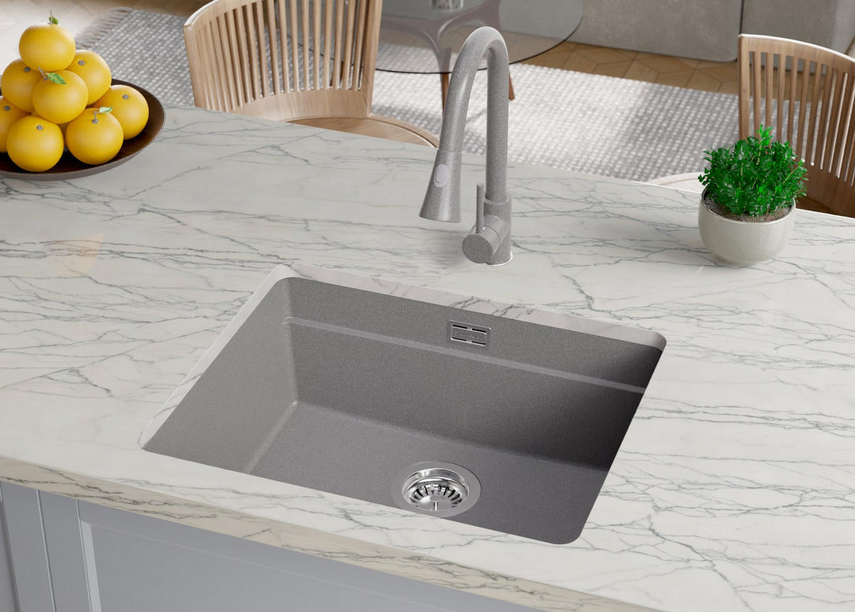 UNTERBAUSPÜLE GRANIT Praga, 2-er set Grau 56/47 cm 1 Becken + Ablauf-Set + Aufrollbare Abtropffläche ab 60er Unterschrank - Chromfarben/Grau, Kunststoff (56/20/47cm) - Primagran