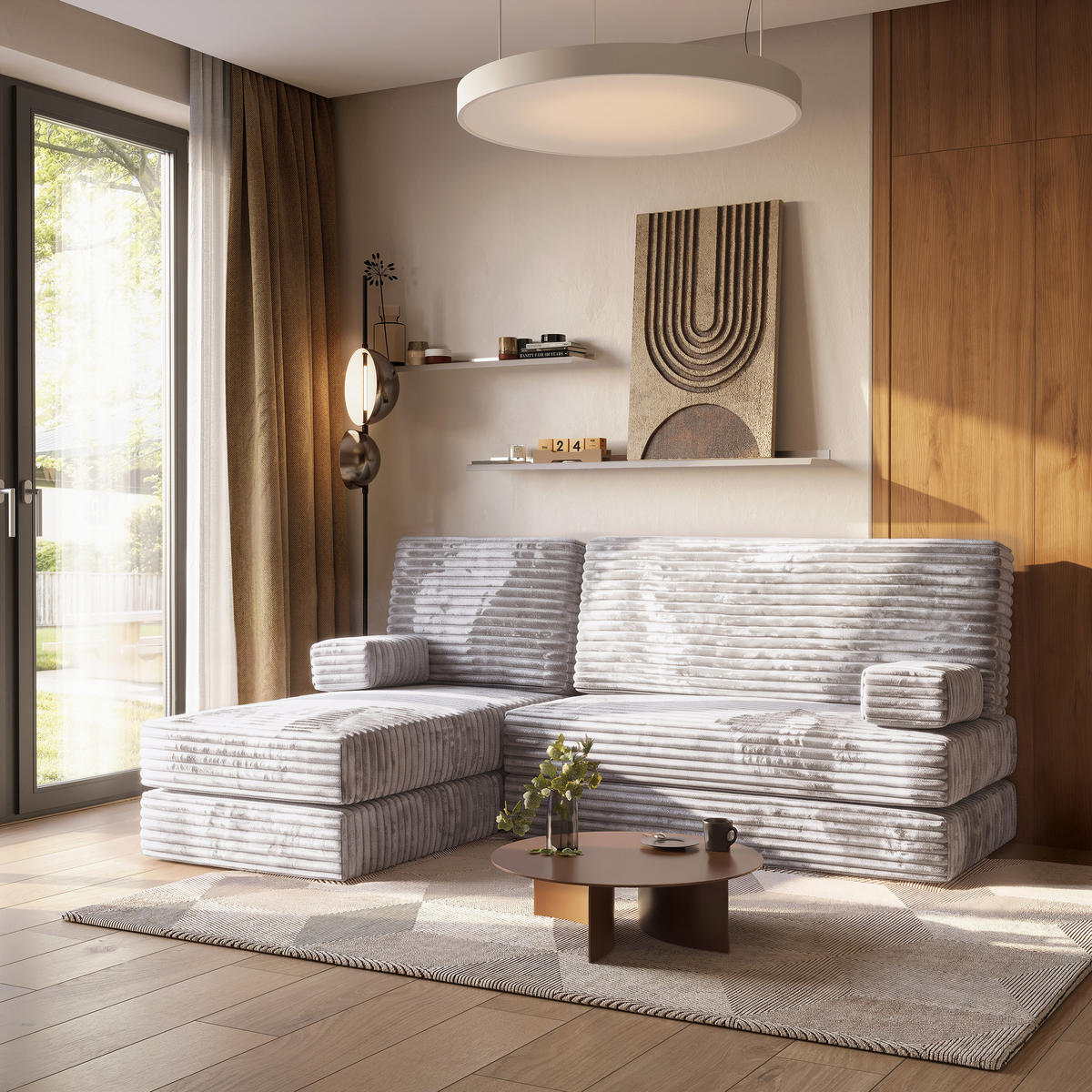 ROHOVÁ SEDAČKA NOTIA modulární Boneless pohovka s funkcí spaní, světle šedá TILIA 86 - šedá, textil (200/120cm) - MASSENO