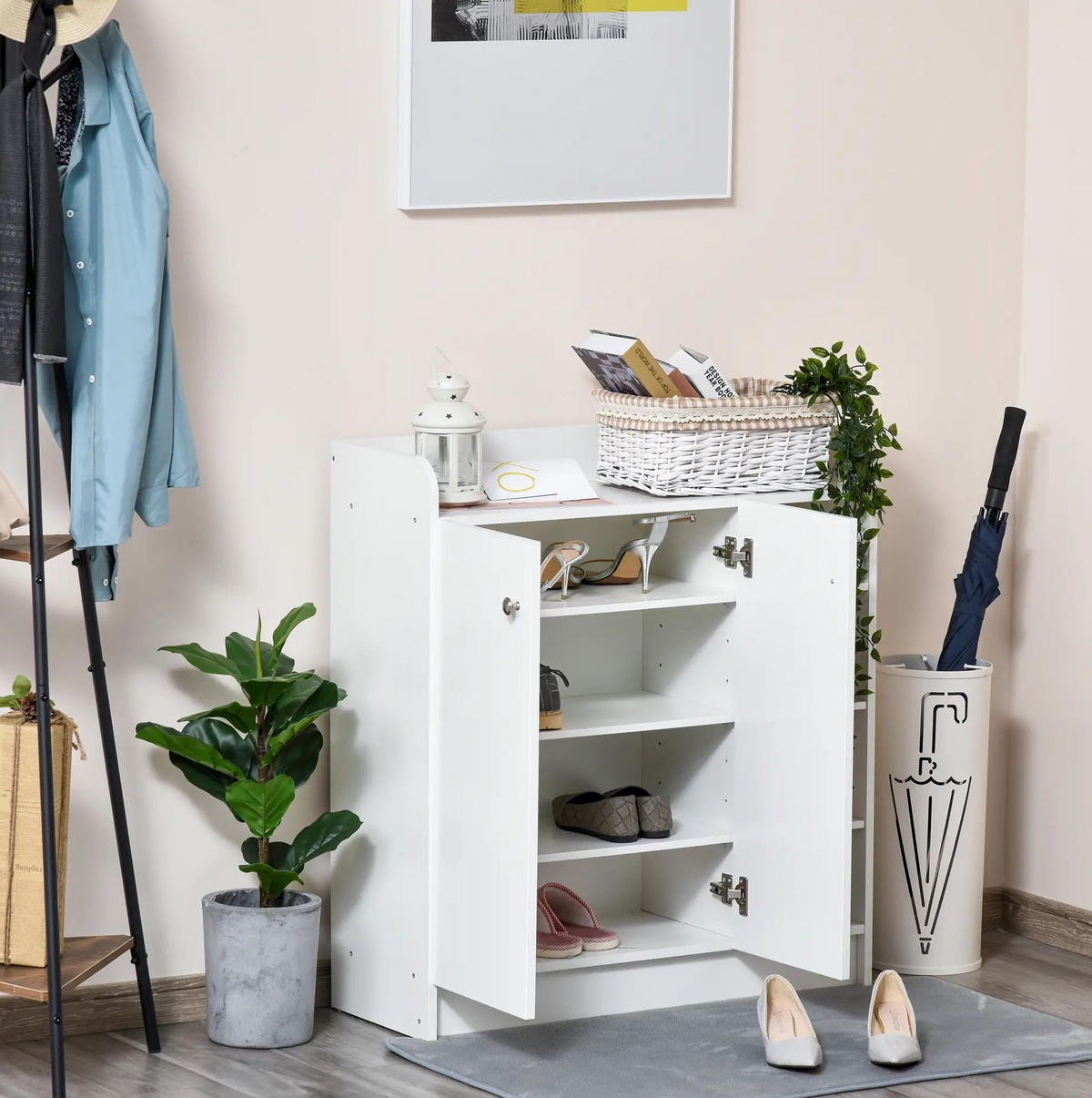 SCHUHSCHRANK 83/30/90 cm mit 2 Türen und 4 offenen Fächern, platzsparend, Weiß - Weiß, Holzwerkstoff (83/90/30cm) - Redom