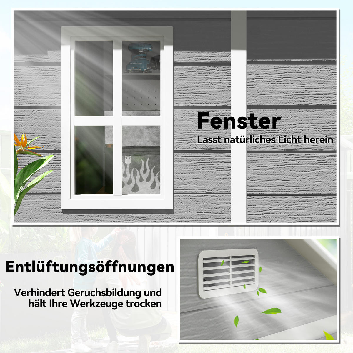 GARTENSCHUPPEN DE-08113 mit Boden, Fenster & Holzoptik Grau - Grau, Kunststoff (151/219/182cm) - ComfortXL