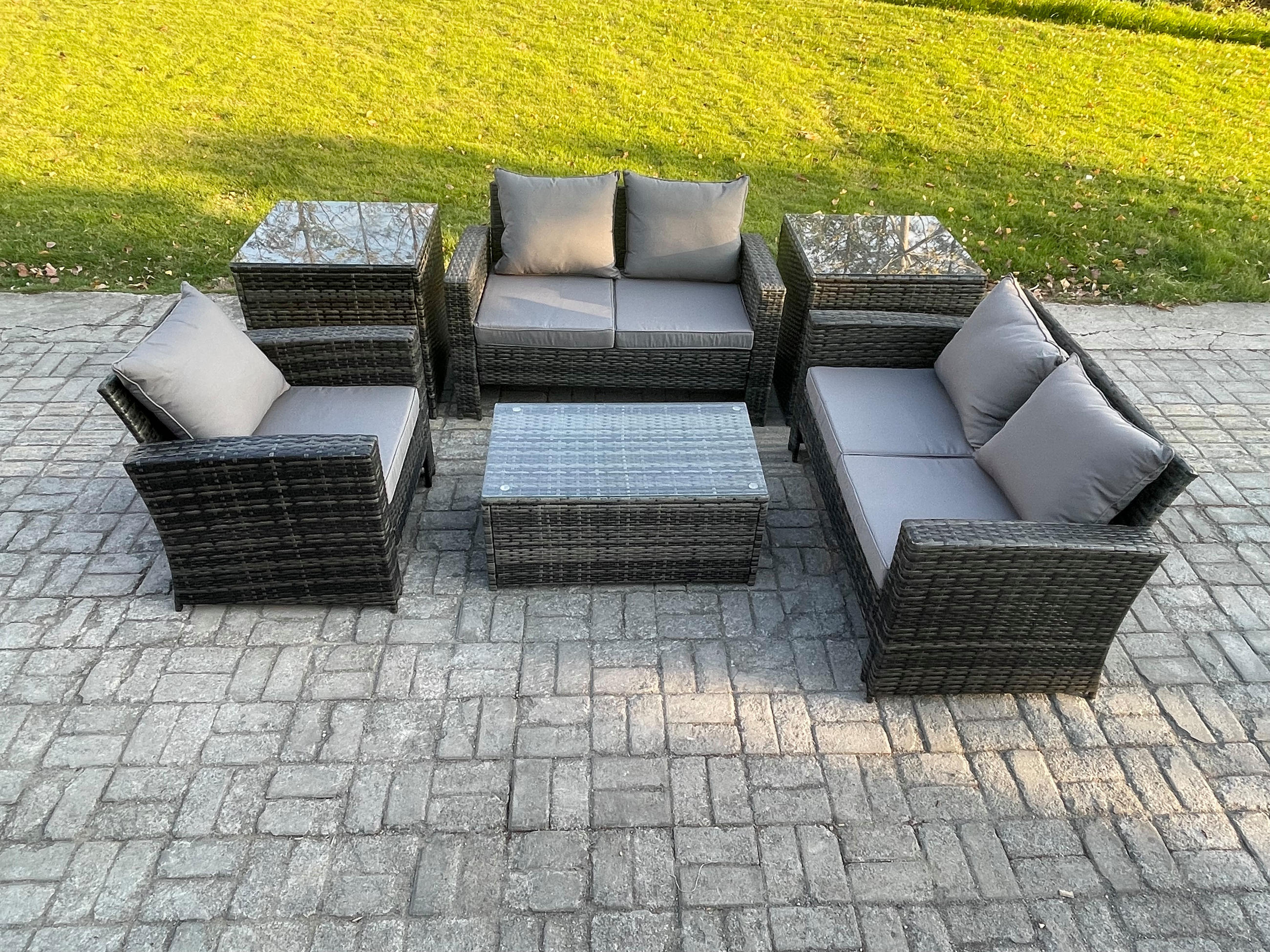 GARTENSOFA Hohe Rückenlehne Polyrattan Dunkelgrau 5-Sitzer - Dunkelgrau, Metall - Fimous