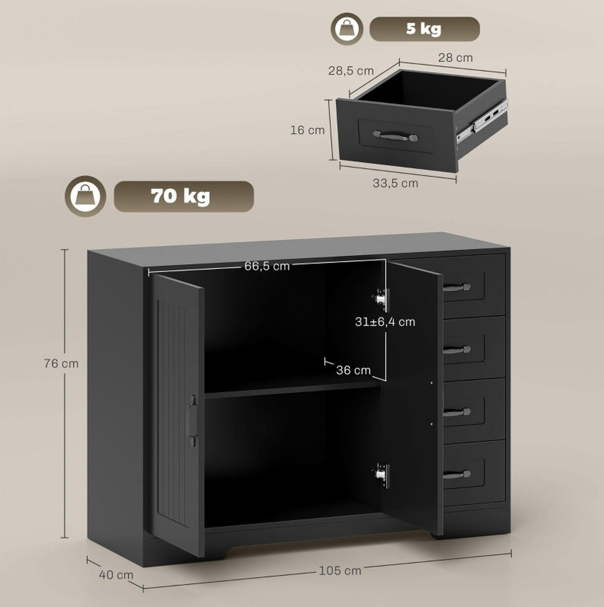 SIDEBOARD 105/40/76 cm in Schwarz mit 4 Schubladen und verstellbarem Einlegeboden - Schwarz, Holz (105/76/40cm) - Flora Grace