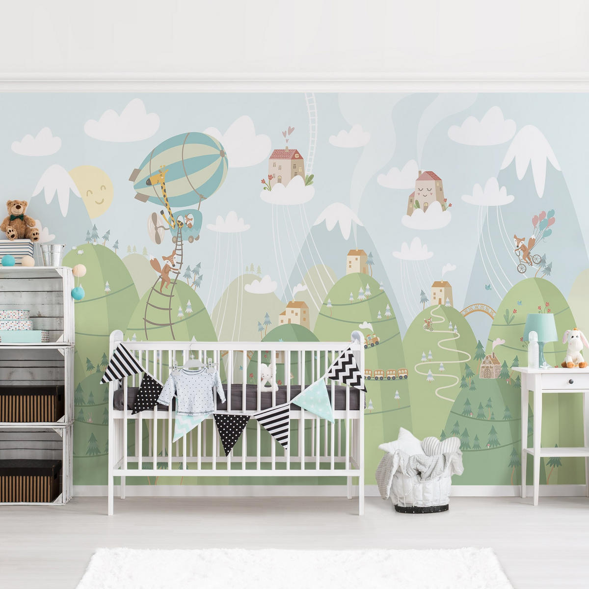 FOTOTAPETE Wald mit Häusern und Tieren 288/190 cm - Grün, Papier (288/190cm) - Bilderwelten