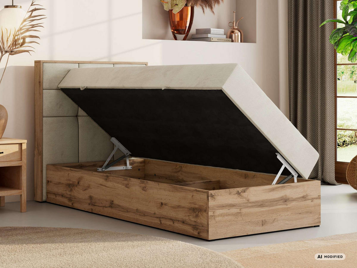 BOXBETT ALBERO 1 90/200 - Beige Velvet - Topper T25 - H3 - Links - Beige/Schwarz, Kunststoff/Textil (90/200cm) - MKS