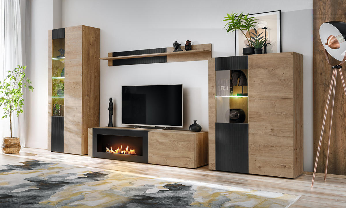 WOHNWAND Eiche, schwarz 4-teilig 350 cm, Schrankwand mit Kamin, inkl. Beleuchtung - Eichefarben/Schwarz, Glas/Holzwerkstoff (350/197/45cm) - Inn.Furn