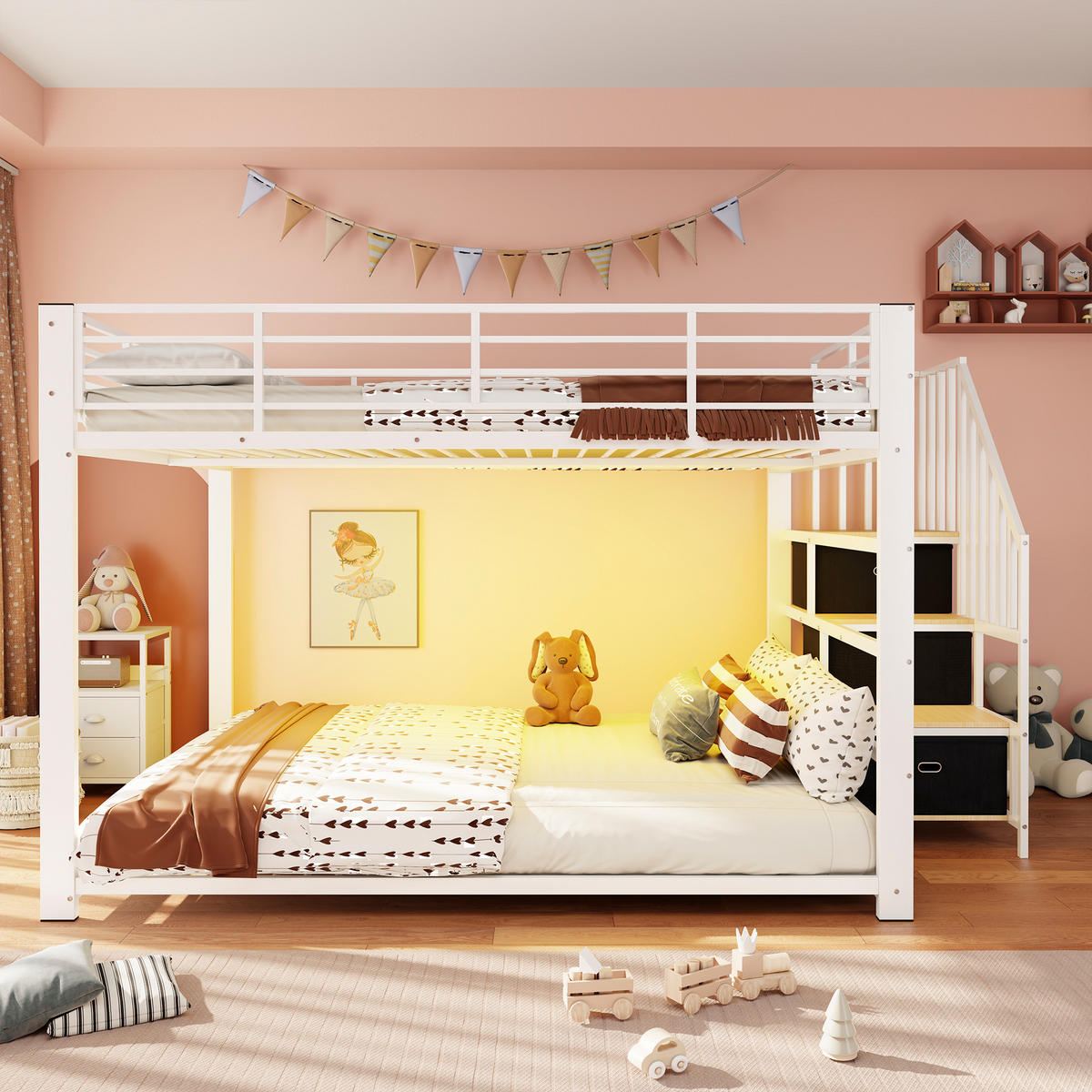 ETAGENBETT 140/200 cm mit Treppe, LED und Steckdose, DE-41957, in Weiß - Weiß, Metall (140/200cm) - ComfortXL